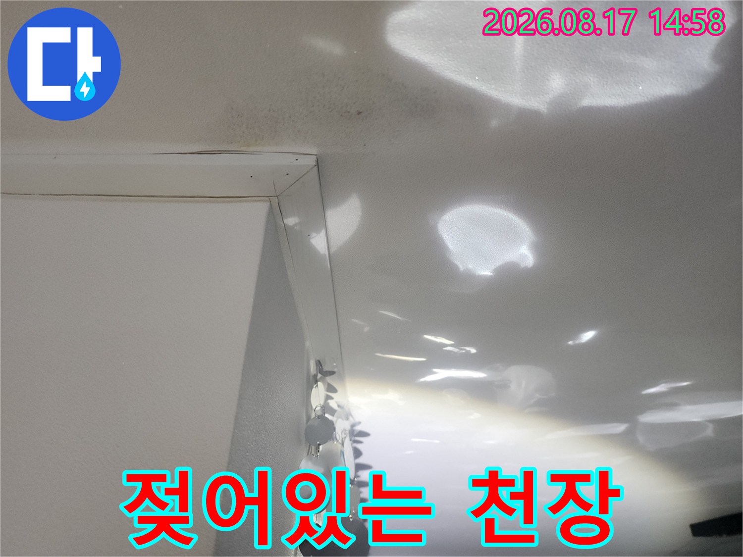천장 마감재 표면에 나타난 누수 물자국과 젖은 부위