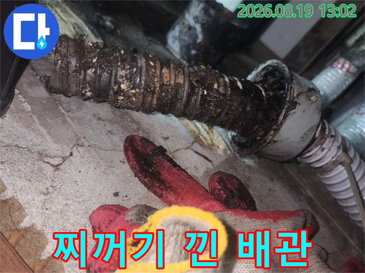 이물질과 슬러지가 가득한 배수관