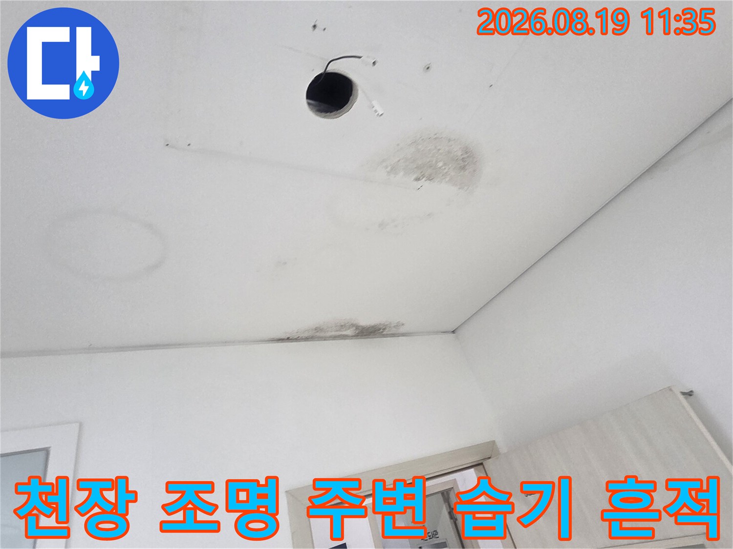 조명 설치 구멍 주변의 젖은 듯한 천장 얼룩과 변색