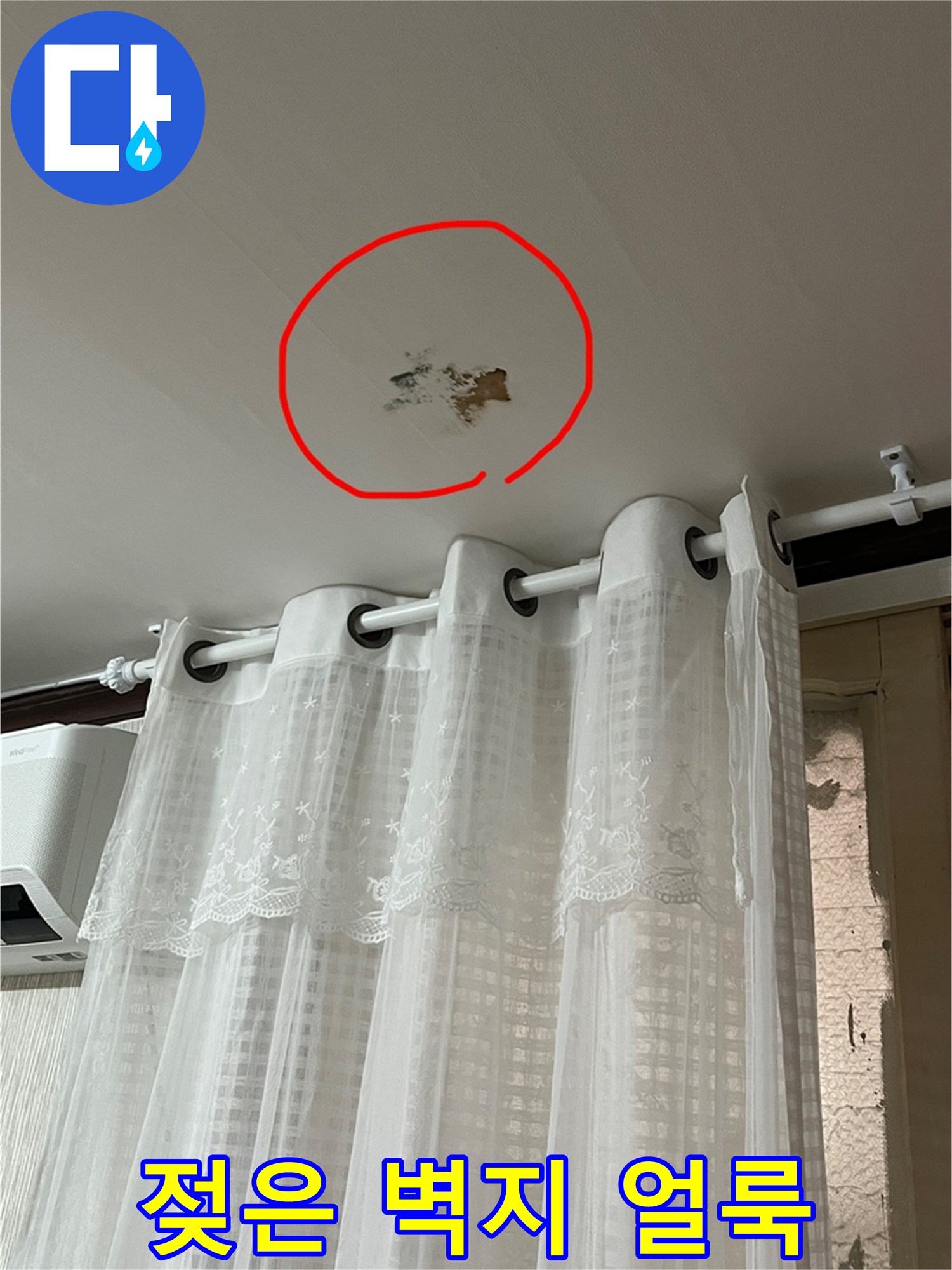 천장 벽지가 젖어 변색된 누수 부위 사진