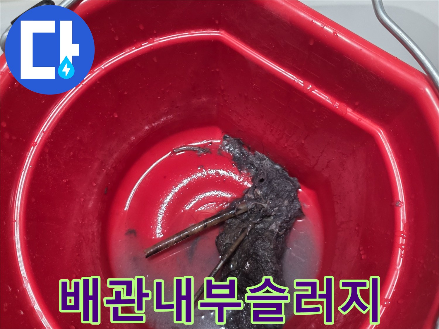 양동이에 모인 검은색 배관 오염물질과 찌꺼기들