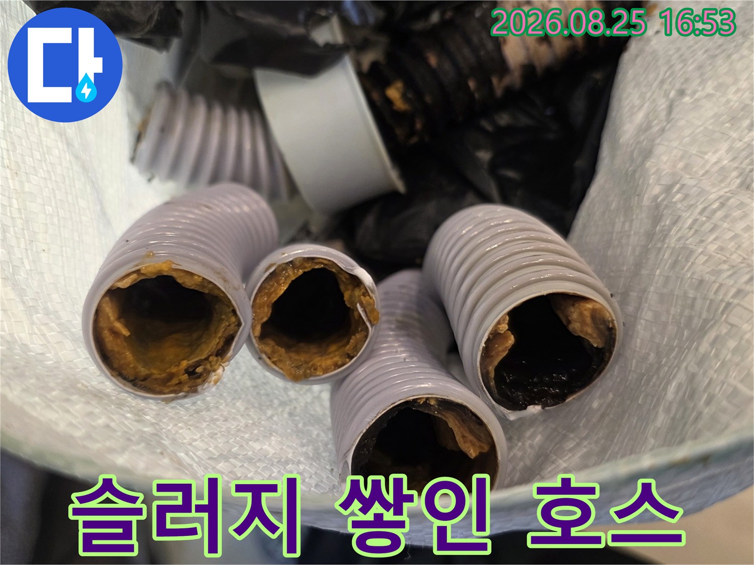 찌꺼기로 가득 찬 싱크대 배수 호스 단면