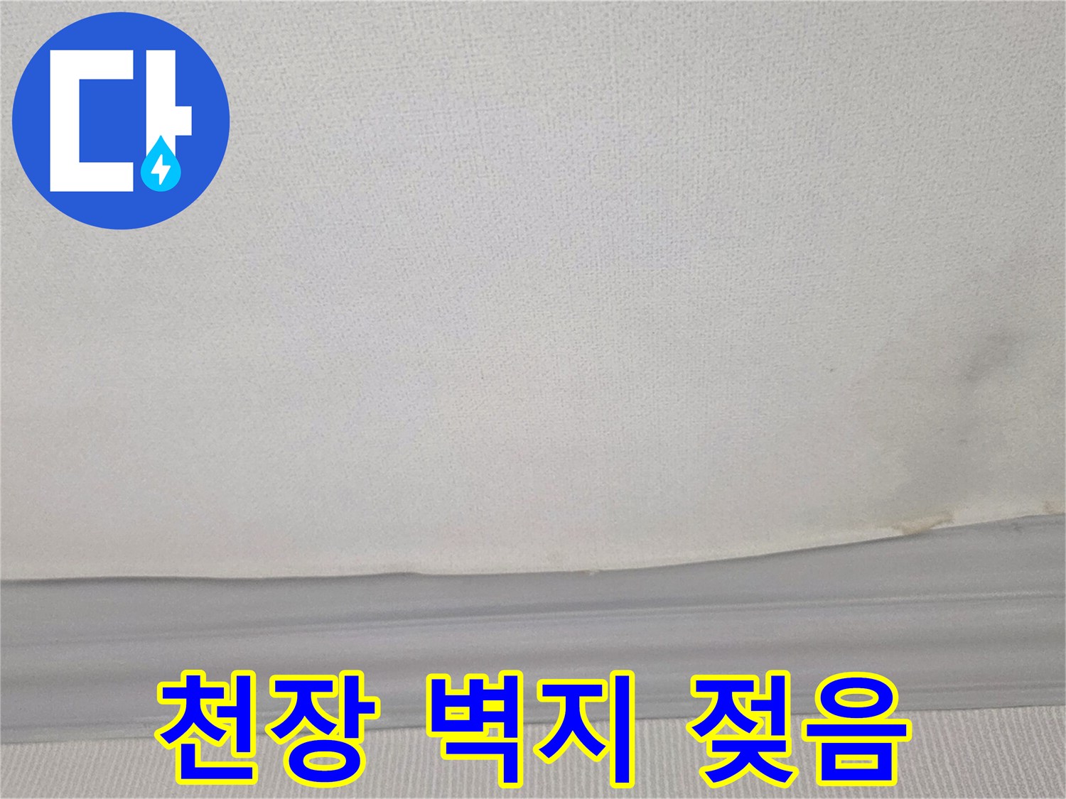 누수로 인해 눅눅하게 변한 거실 천장의 벽지 오염 부위