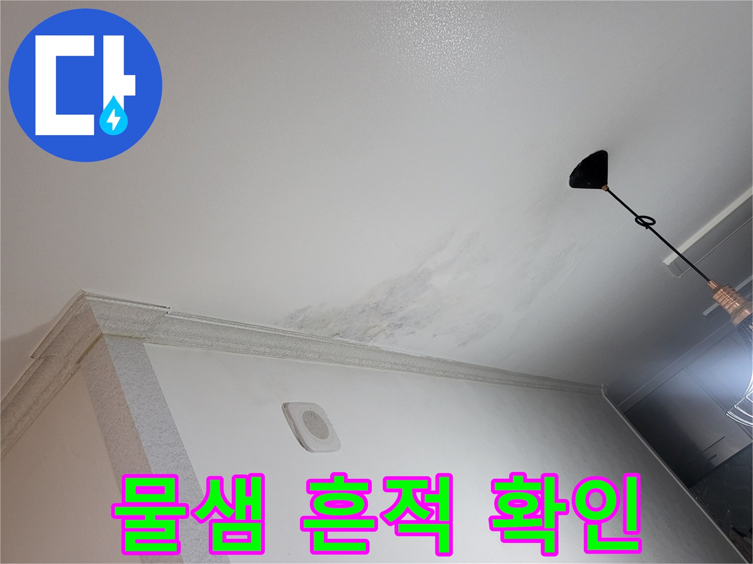 천장 몰딩 부근의 젖은 물자국과 누수 증상