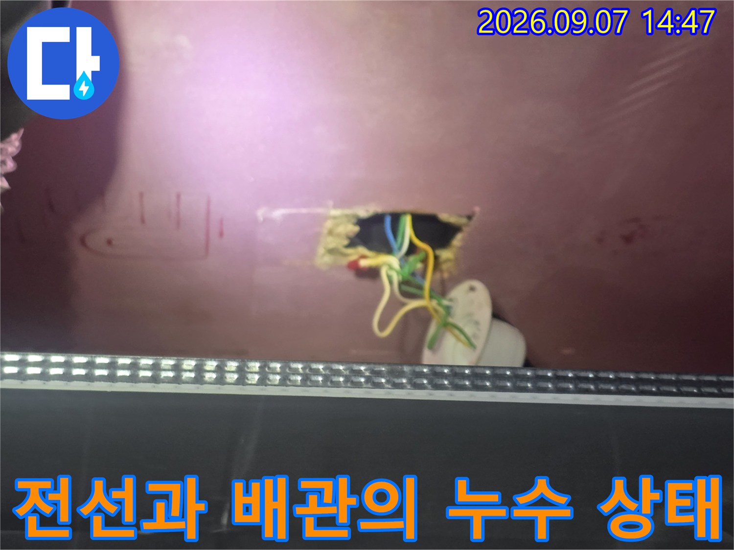 천장 내부 점검구 안쪽으로 드러난 전선과 물이 스며든 배관 부위입니다.