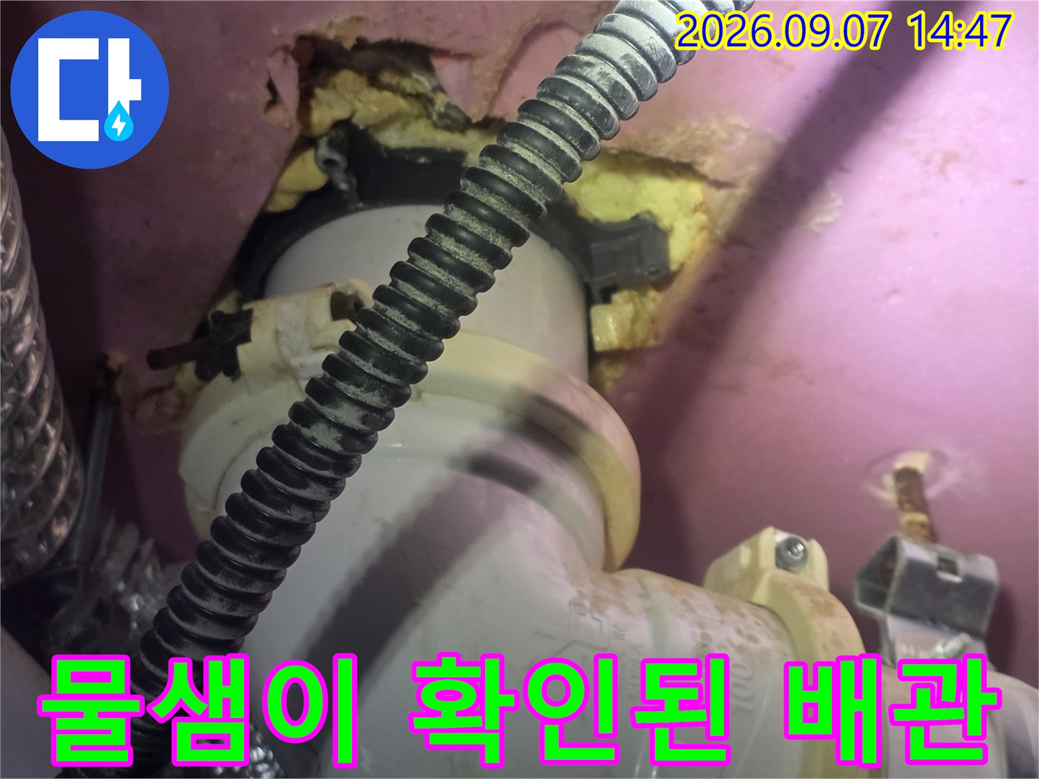 천장 내부 흰색 배관과 주변의 젖은 마감재 상태 상세 사진