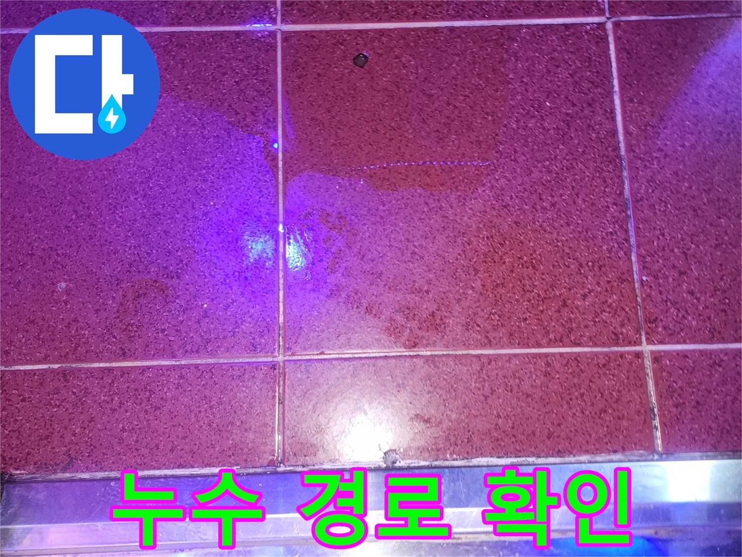 푸른-빛으로-드러난-타일-사이의-물샘-지점