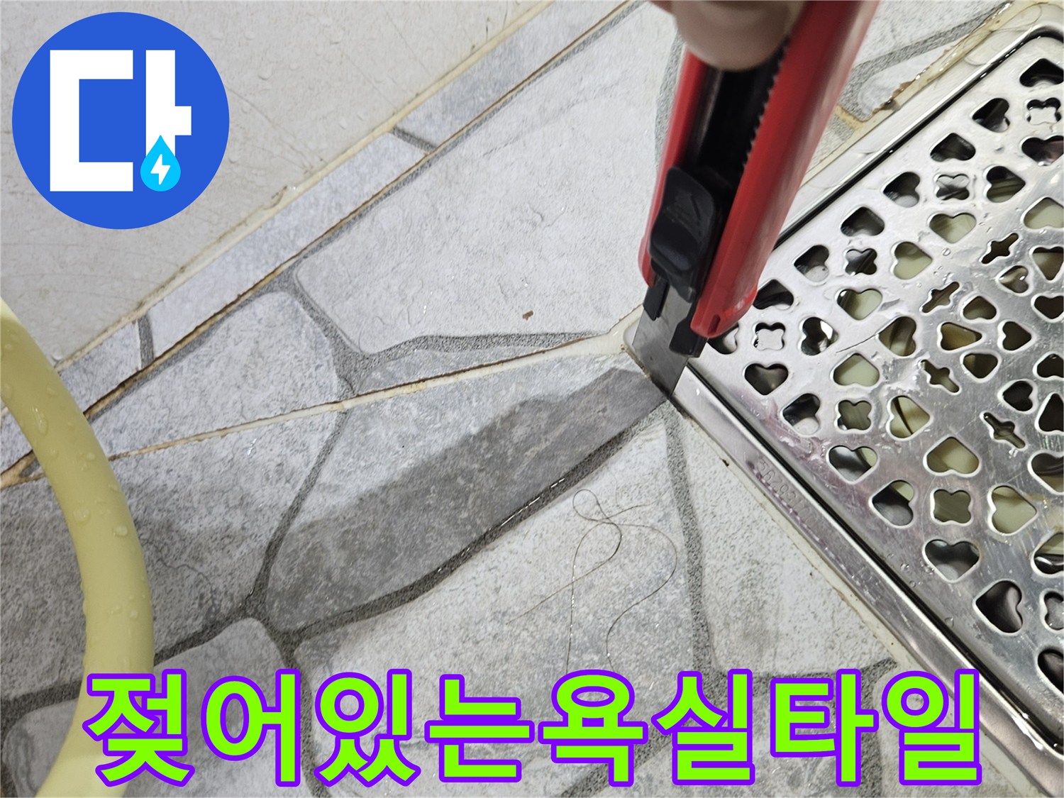 물기가 스며든 욕실 바닥재와 배수구