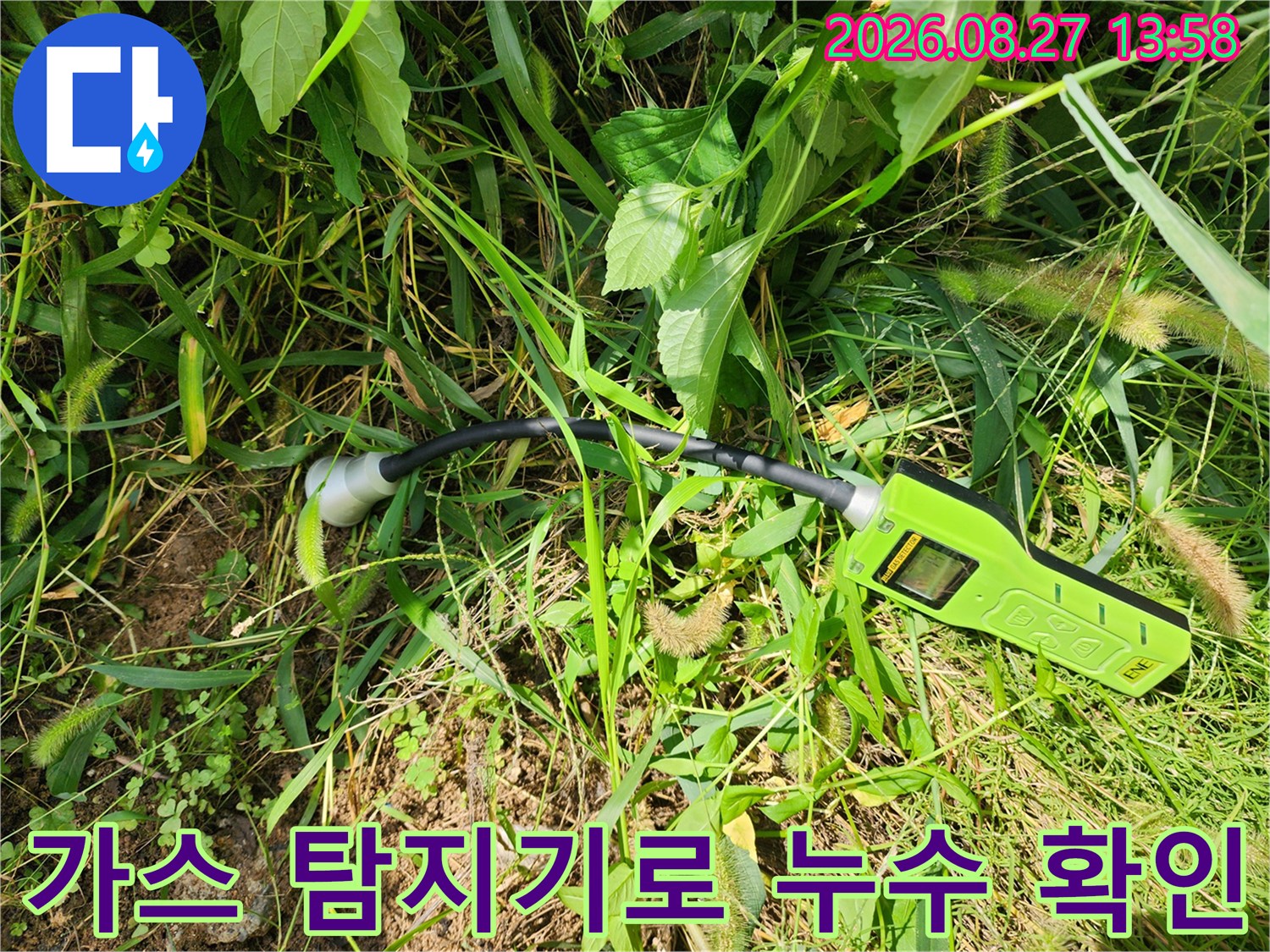 풀숲 사이에서-가스 탐지기를 사용하여 배관의 누수 반응을 정밀하게 측정하고 있습니다.