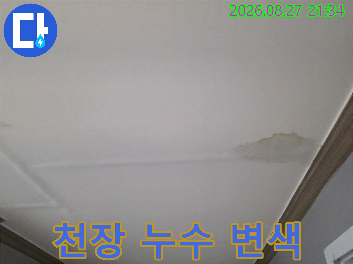 거실 천장의 물자국과 습기로 인한 얼룩 부위