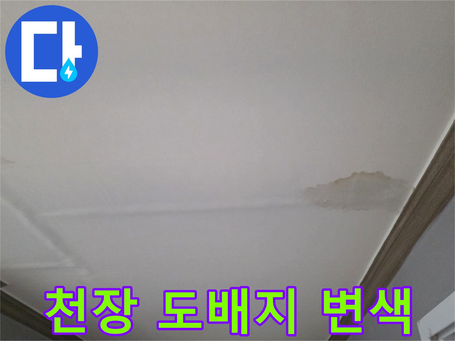 물샘으로 인해 변색된-거실 천장 도배지 표면