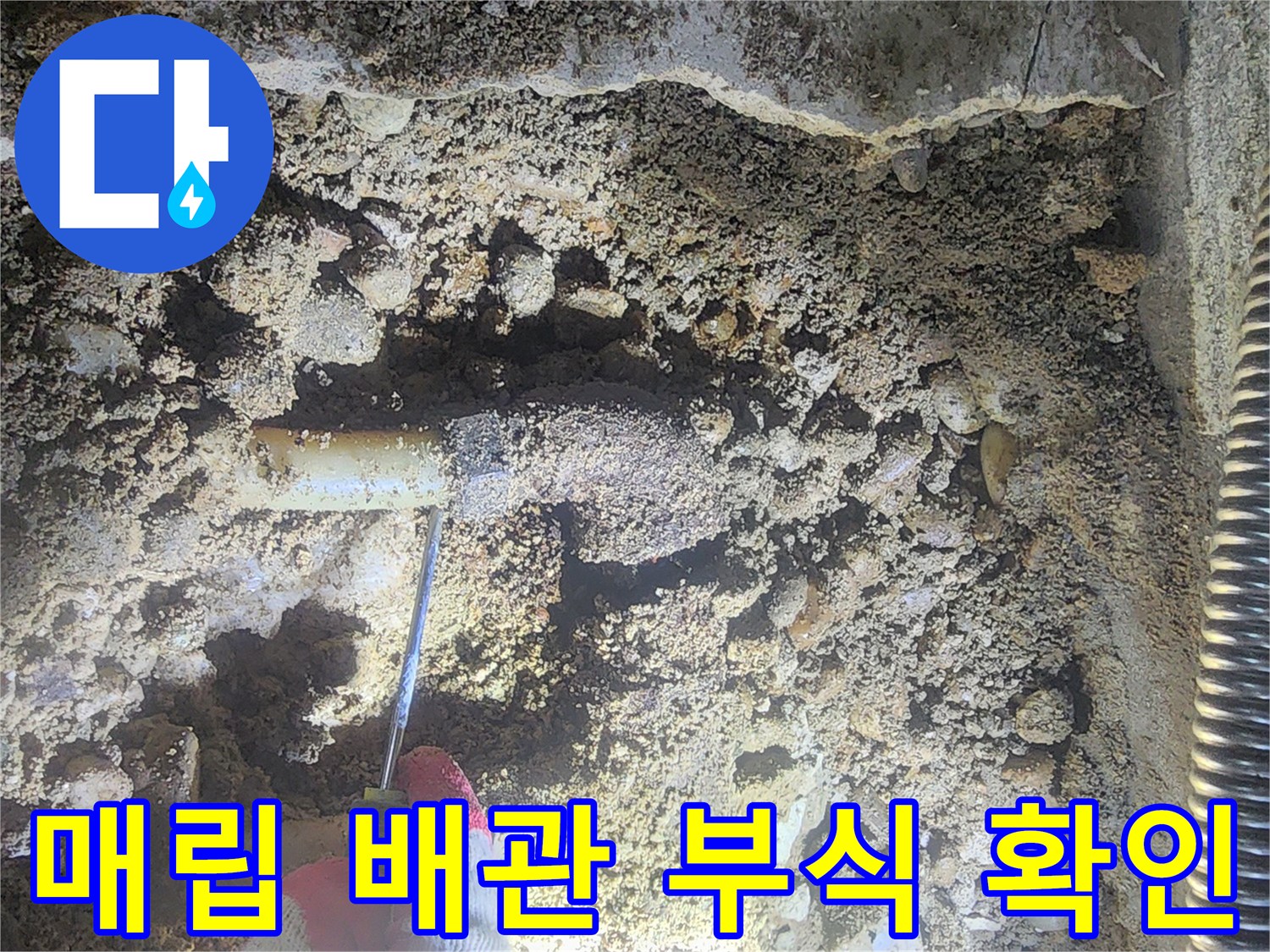 현장 기록-부식된 분배기가 드러난 굴착 부위