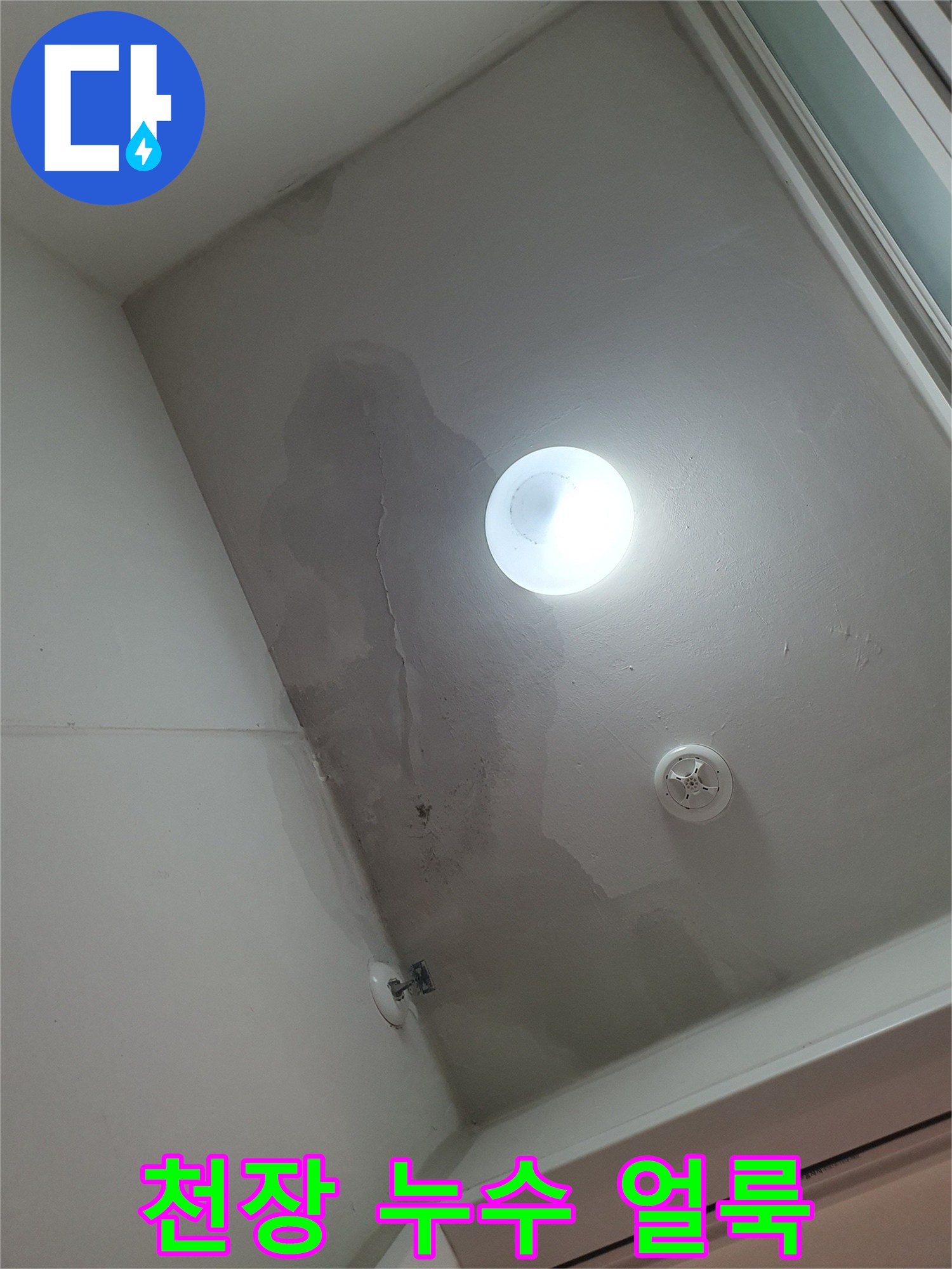 세탁실 천장 마감재의 광범위한 누수 오염 상태