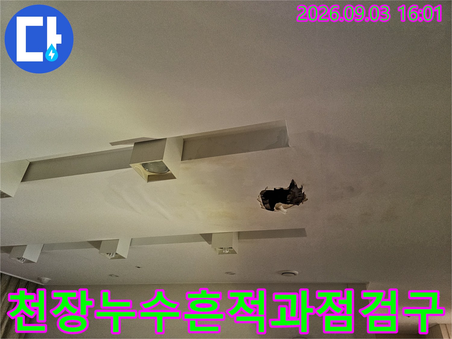 분당 아파트 거실 천장의 누수 얼룩 및 점검을 위해 뚫어놓은 부위
