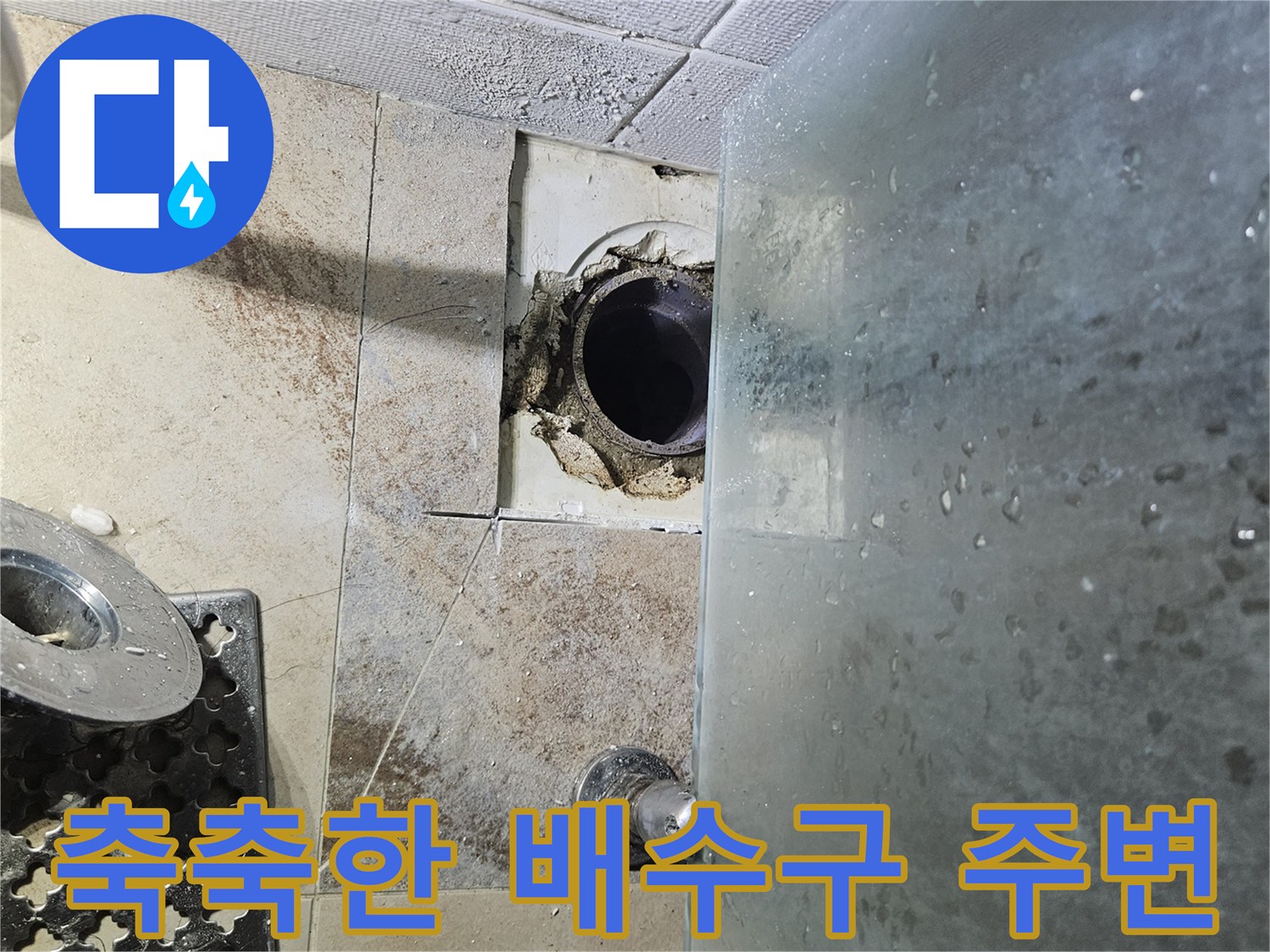 물기가 스며든 욕실 배수관 입구와 타일 틈새