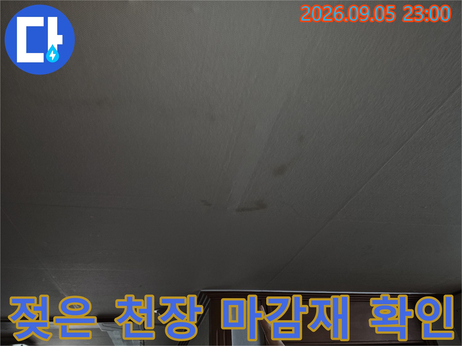 어둡게 얼룩진 천장 마감재와 물기에 의한 젖음 상태