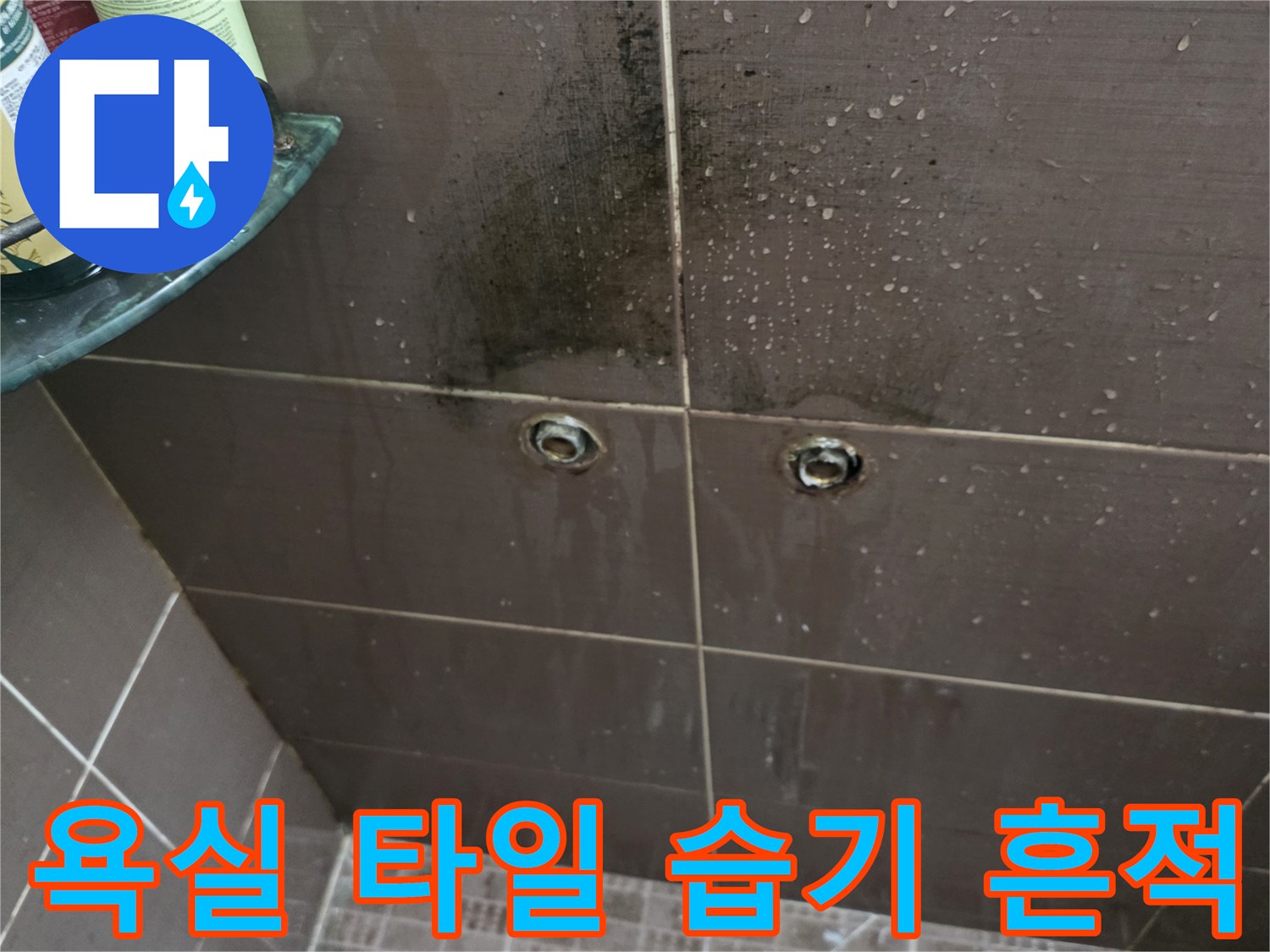 화장실 벽면 수전 부근의 젖은 타일과 얼룩진 상태