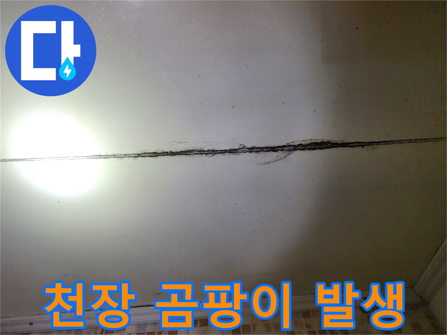 배관 누수로 인해 오염된 천장 마감재와 곰팡이 부위