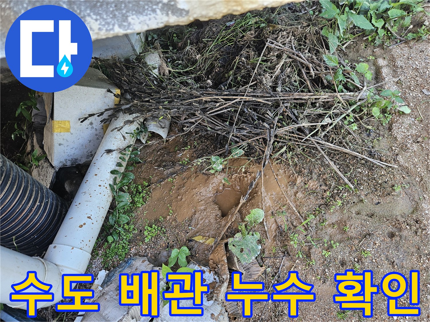 굴착된 흙 속에서 드러난 물에 젖은 파손 배관