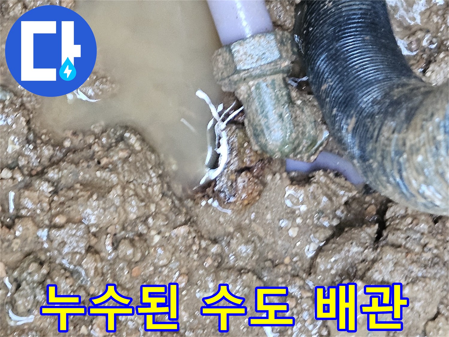 파손된 엘보 부속에서 흘러나오는 물