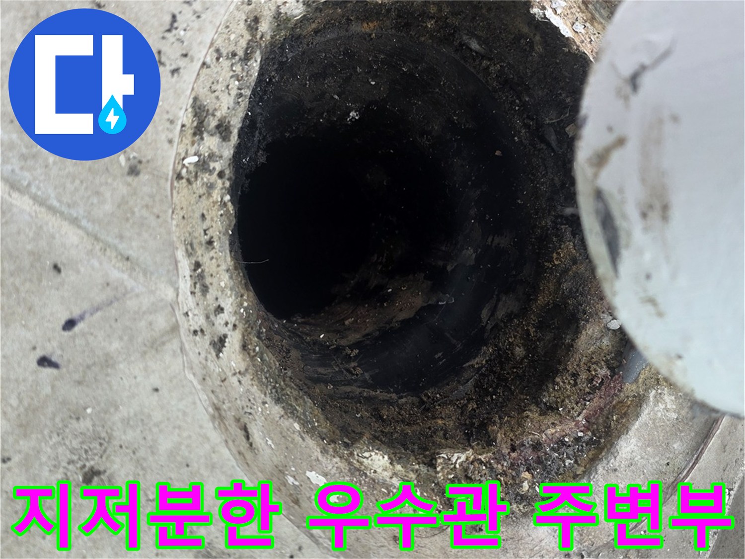 오염된 배수구 구멍과 주변 타일의 상태