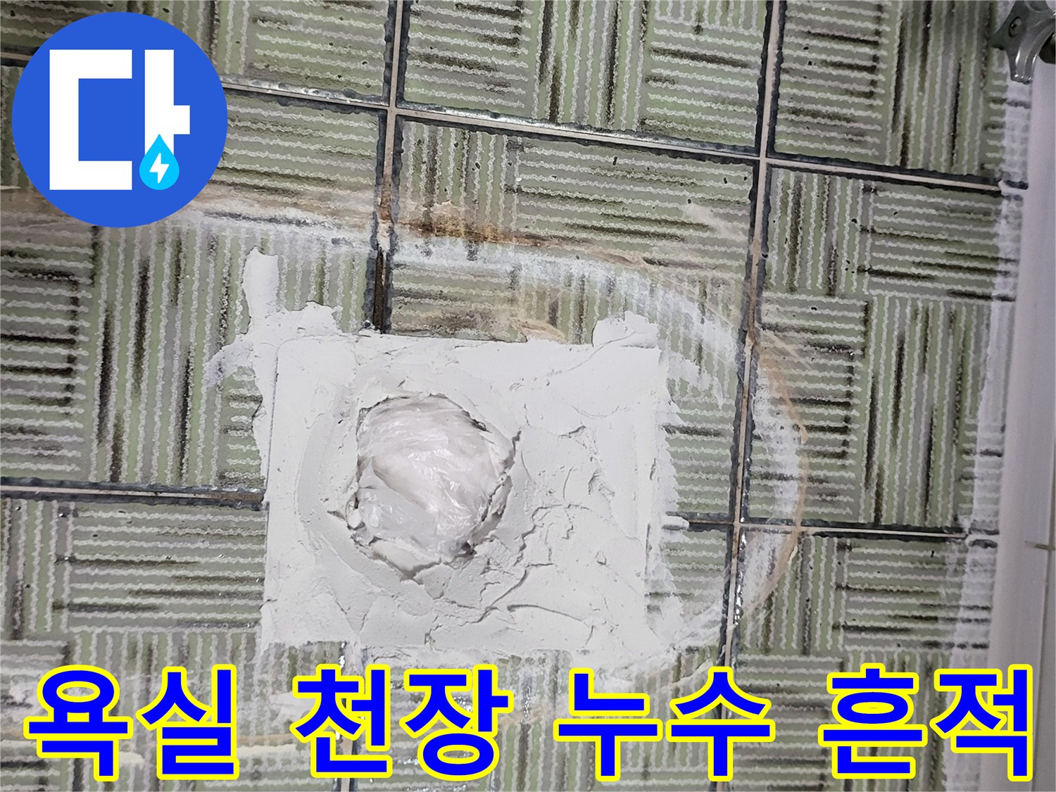 젖어 있는 화장실-천장 타일과 변색된 부위