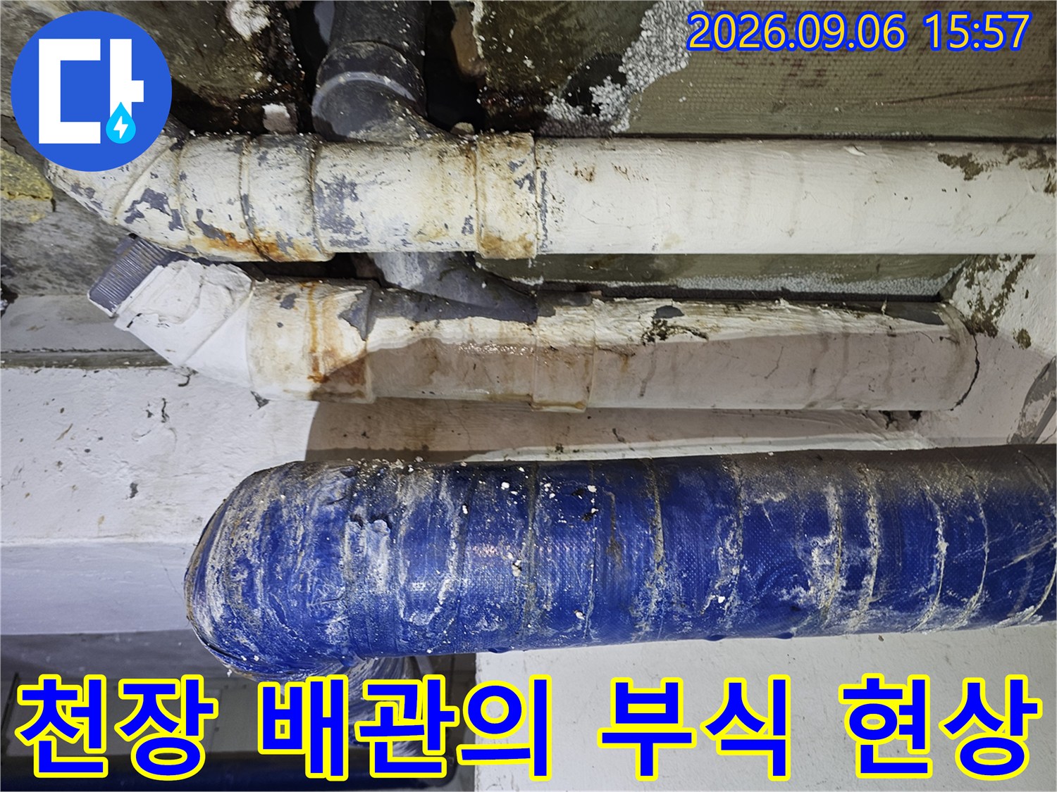 누수가 발생한 천장 배관의 곰팡이와 부식 상태 이미지