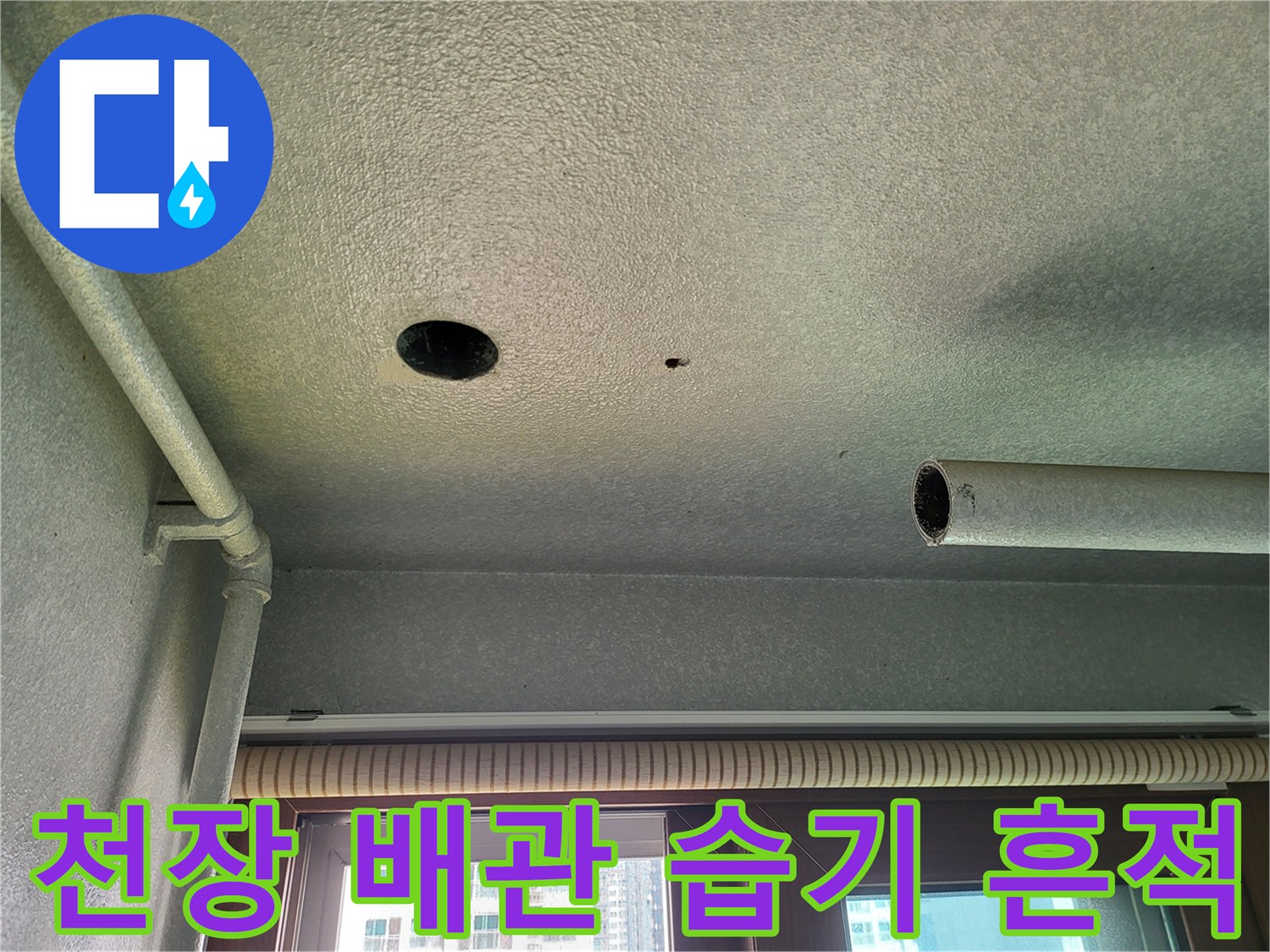 세탁실 천장 배관 주위의 습기 및 변색된 부위