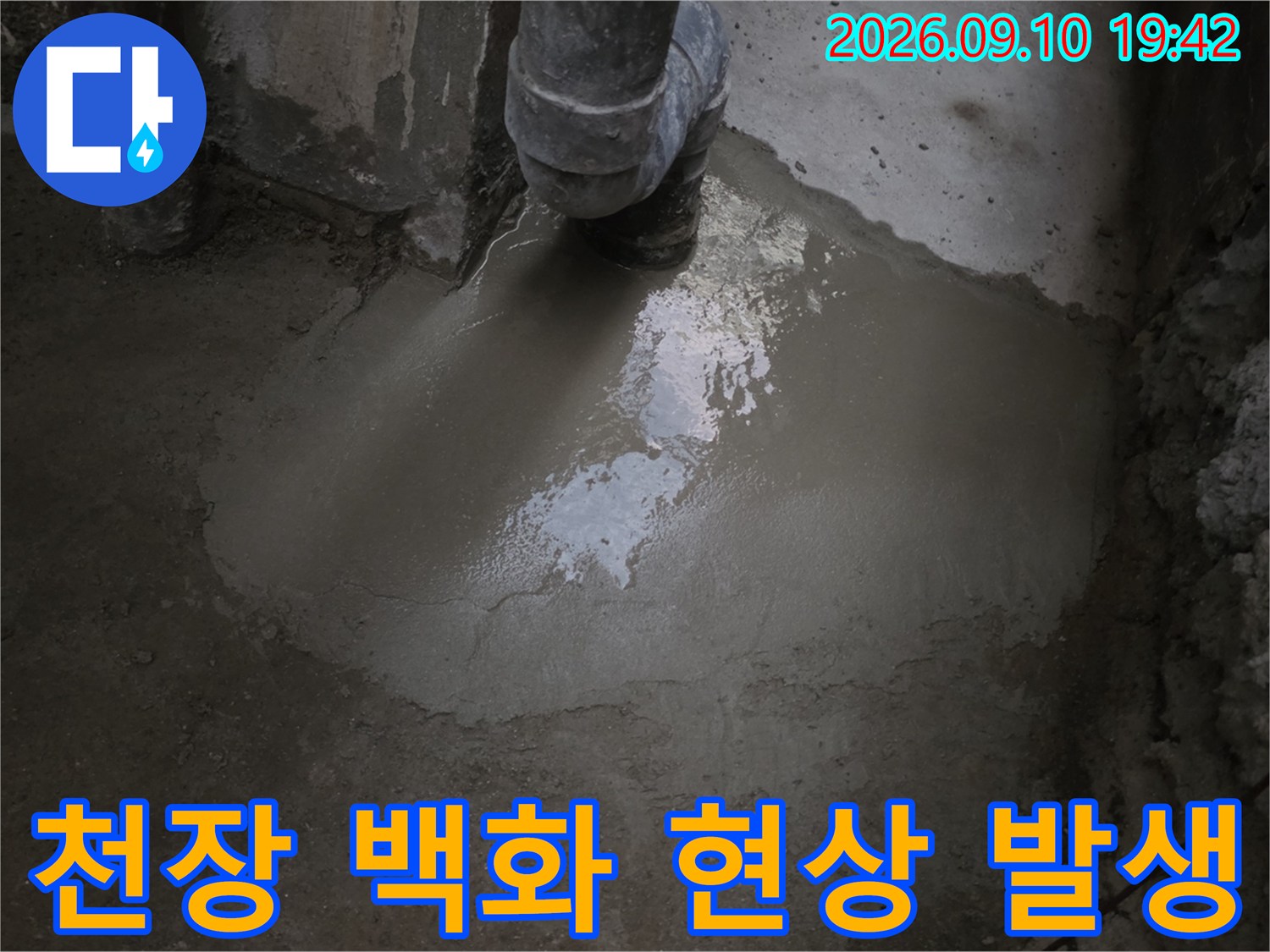 하얀색으로 변한 지하 계단 천장 콘크리트 면