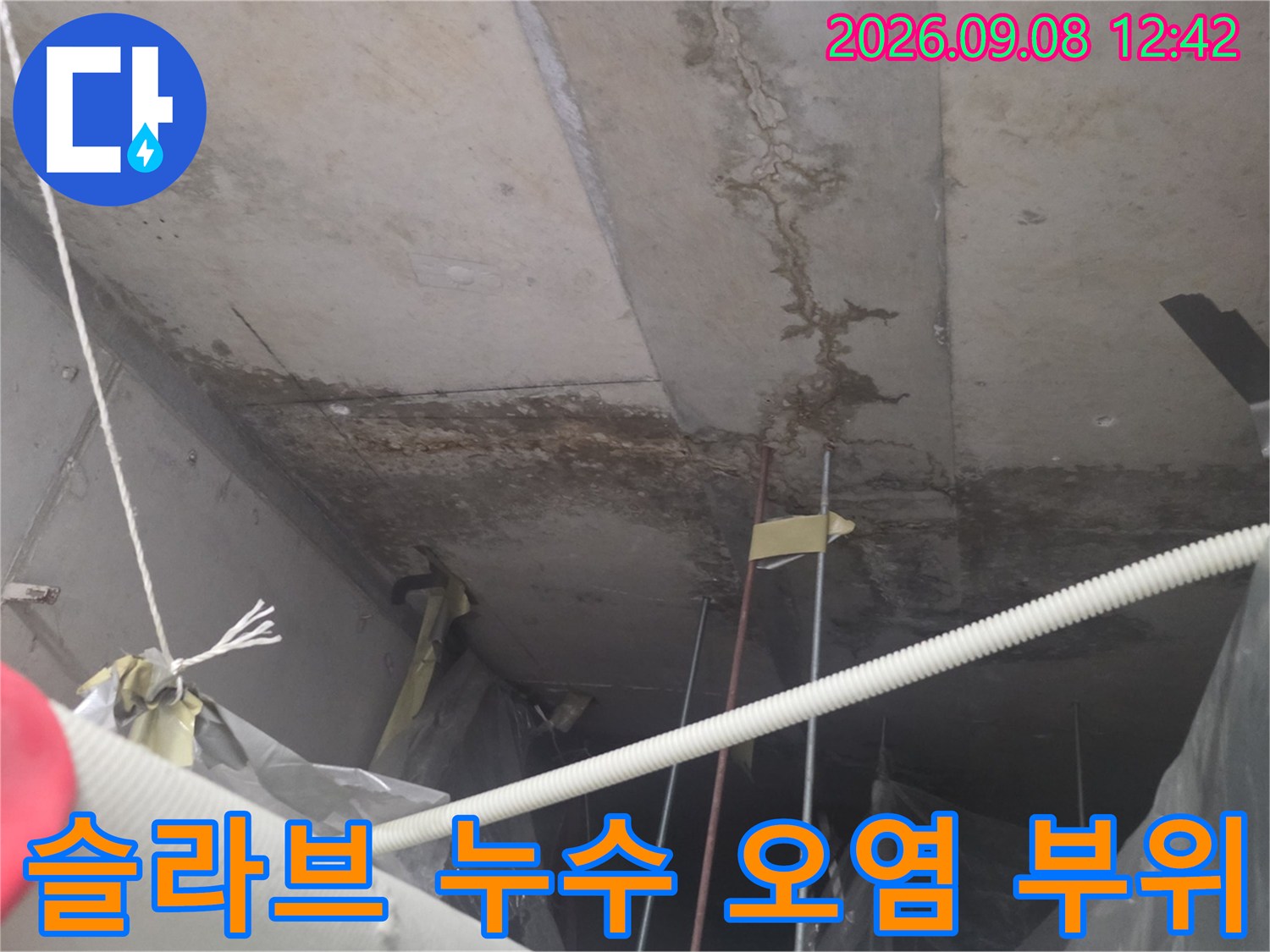 천장 슬라브의-짙은 얼룩과 습기 침투 흔적