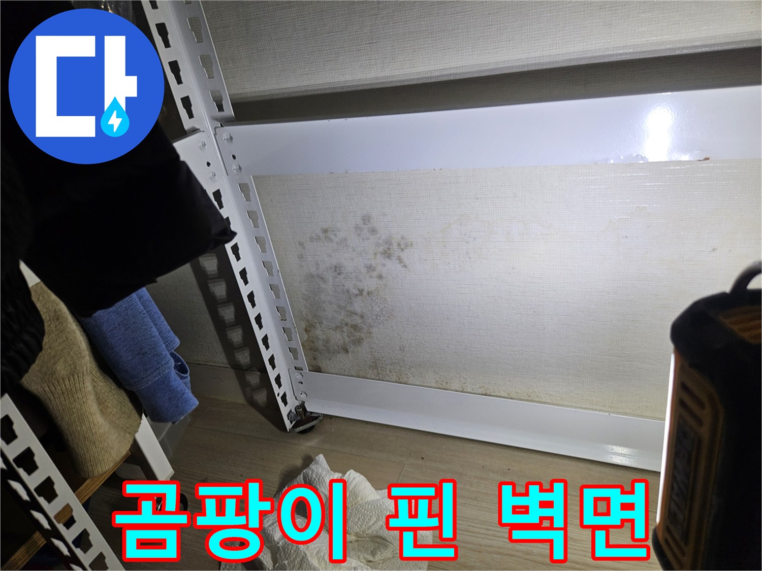 누수로 인해 변색된 벽지와 곰팡이 발생 부위