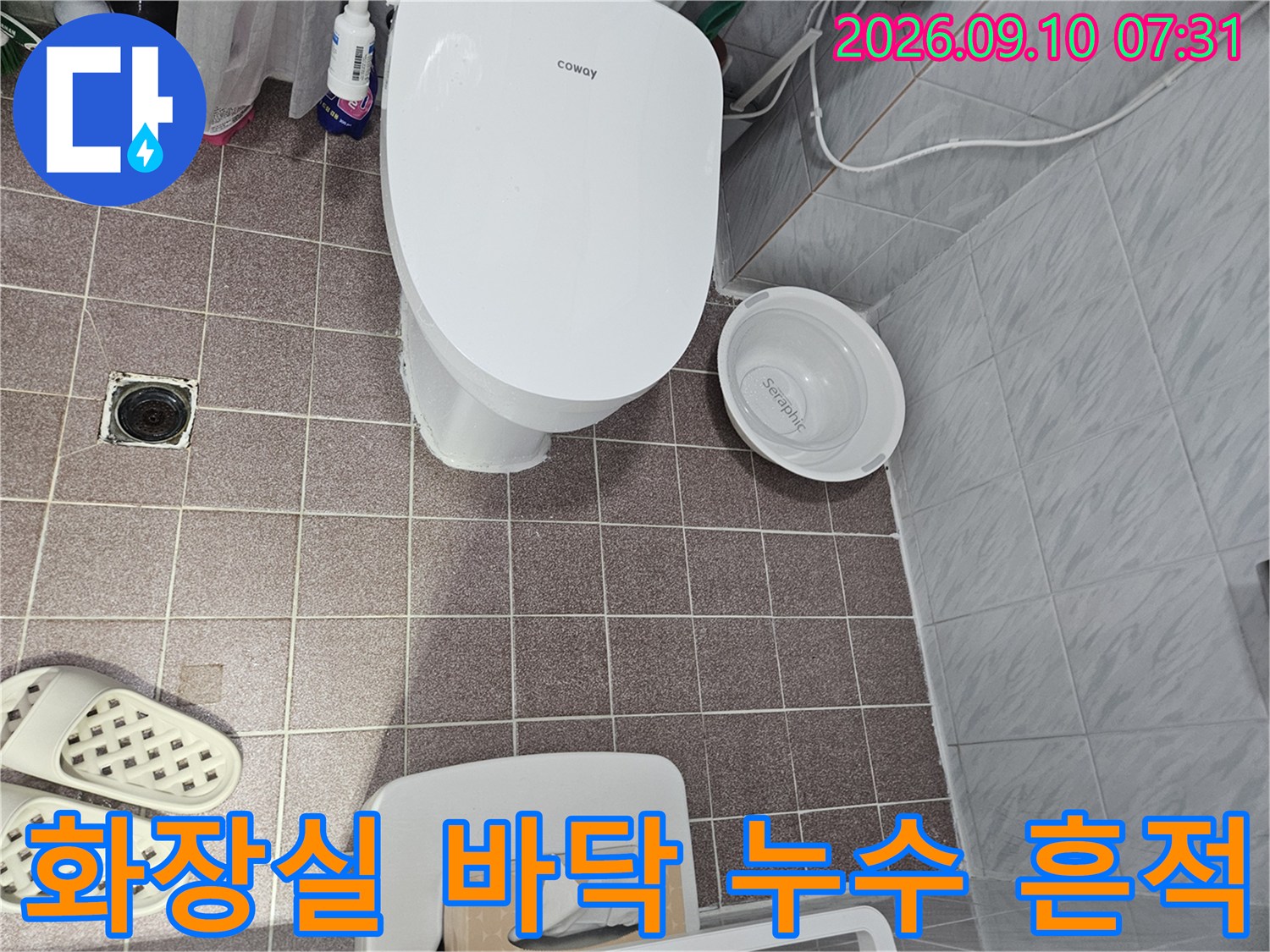 변기 옆 욕실 타일과 배수구 주변의 모습입니다.