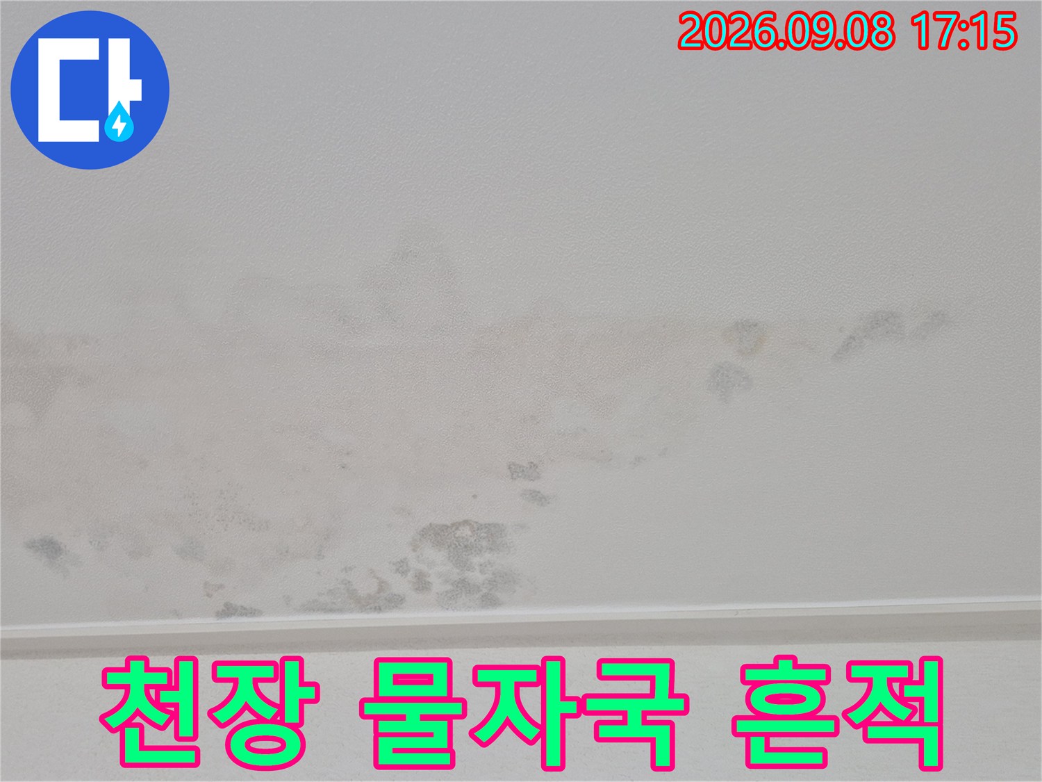 누수 발생으로 인해 어둡게 변한 천장 벽지 부위