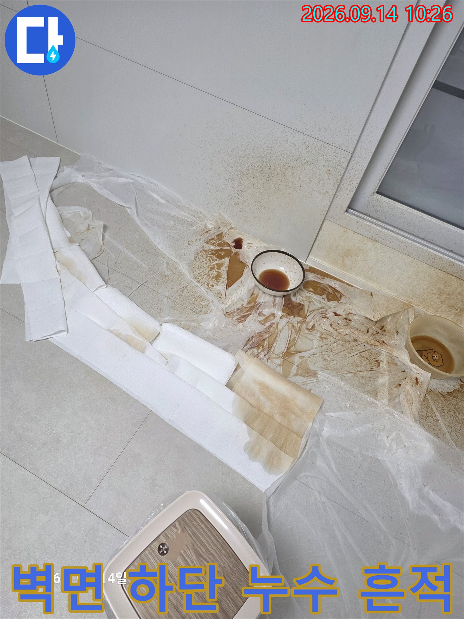 하얀 벽면 아래쪽으로 번진 갈색 누수 얼룩과 바닥 비닐