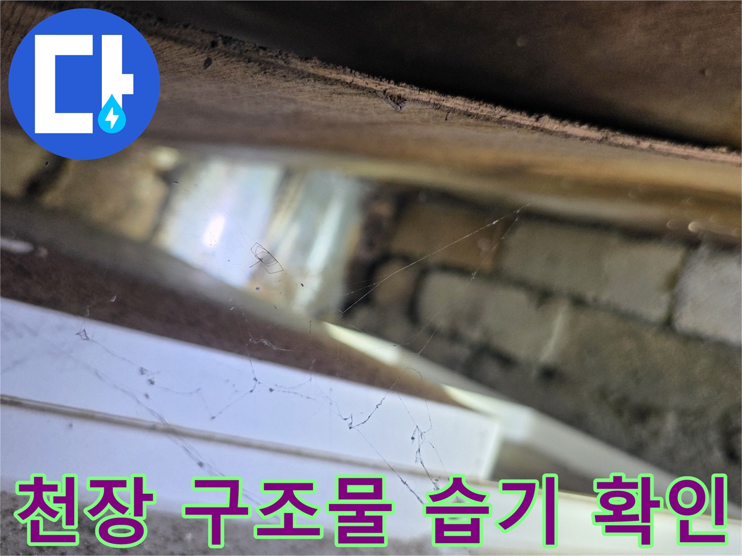 목재와 벽돌 사이 배관 주변의 젖은 상태